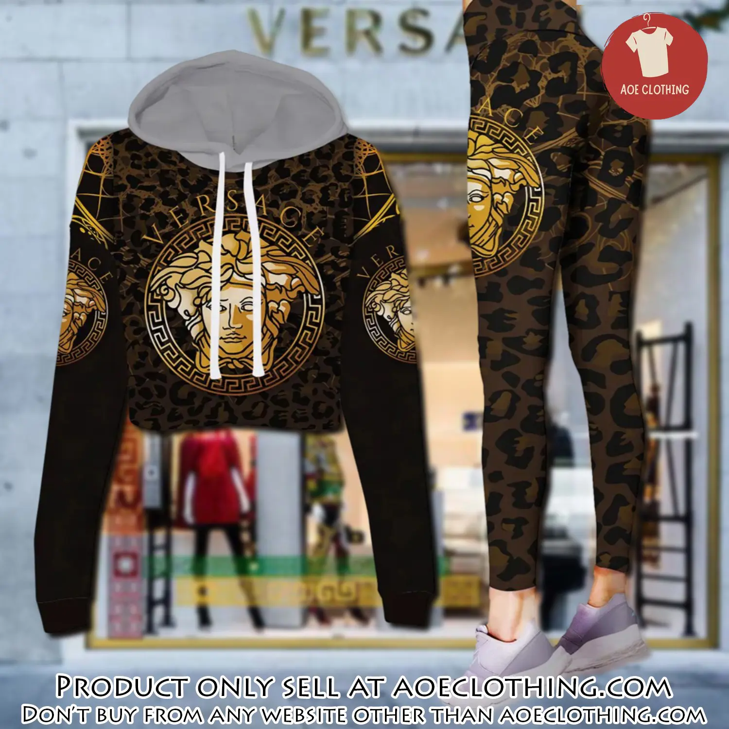 Versace medusa brown leopard pattern luxury brand clothes leggings and crop top set for women aoe1455264